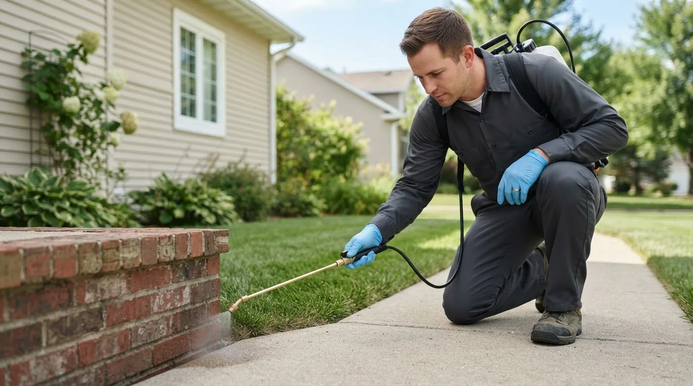 Pest control technician treating a home near Sorrento, FL